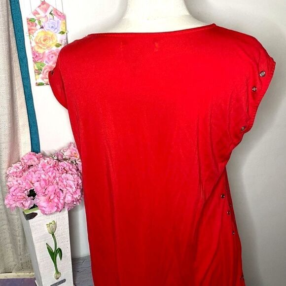 🌷OXYGEN🌷RED Rhinestone Beaded Short Sleeve Dress - Picture 9 of 13